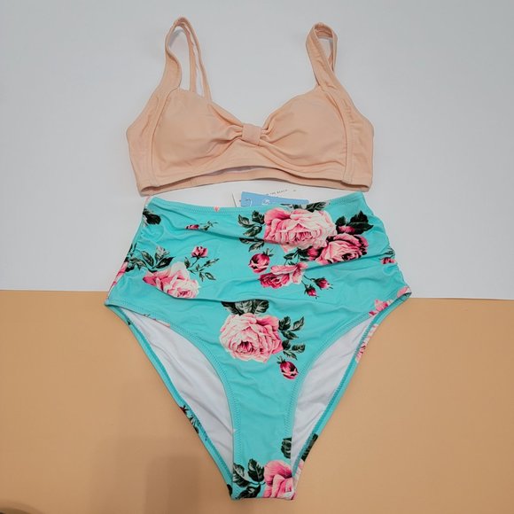 CUPSHE Women's Floral Halter High Waisted Peach and Tiffany Blue Bikini size S - Picture 3 of 12